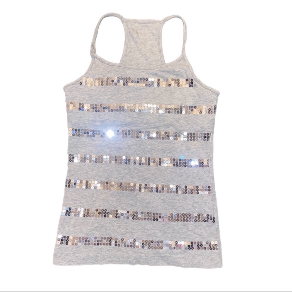 Aeropostale Girls Size Small Grey W  Silver Sequin Stripes & Built in Bra Tank